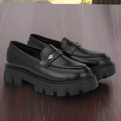 Attitudist Unisex Black Round Toe High Heel Penny Loafers