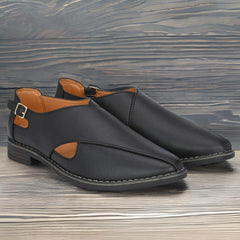 Attitudist Unisex Handcrafted Criss Cross Matte Black Formal Loafer Peshawari Shoes With A Buckle