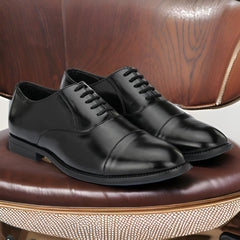 Attitudist Unisex Handcrafted Oxford Black Plain Formal Laceup Derby Shoes With Cap Toe