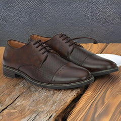 Attitudist Unisex Handcrafted Derby Matte Brown Formal Lace-up Shoes With Cap Toe And Textured Design