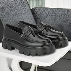 Attitudist Unisex Glossy Black High Heel Tassel Loafers