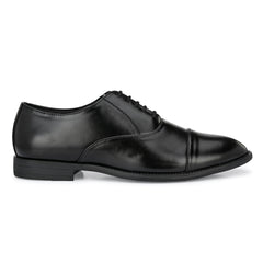 Attitudist Handcrafted Oxford Black Plain Formal Laceup Derby Shoes With Cap Toe For Men MTOBSF